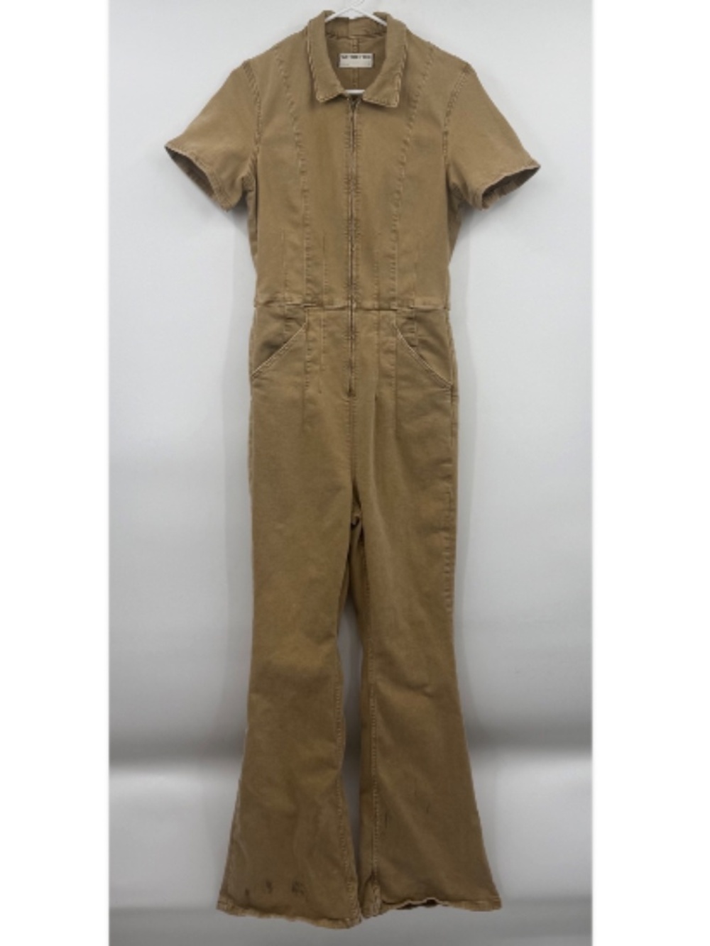 We The Free People Jayde Flare Jumpsuit Women Large Brown Denim Stretch Zip